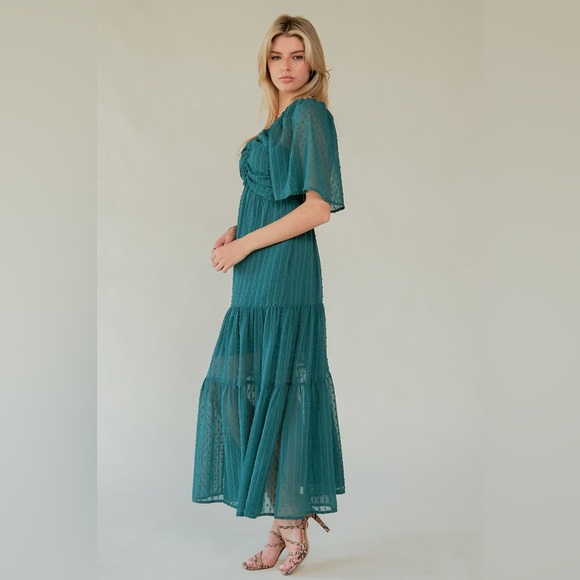 🟠 97B. Swiss Dot Ruched Bodice Open Back Tiered Midi Dress - Green - Picture 6 of 9